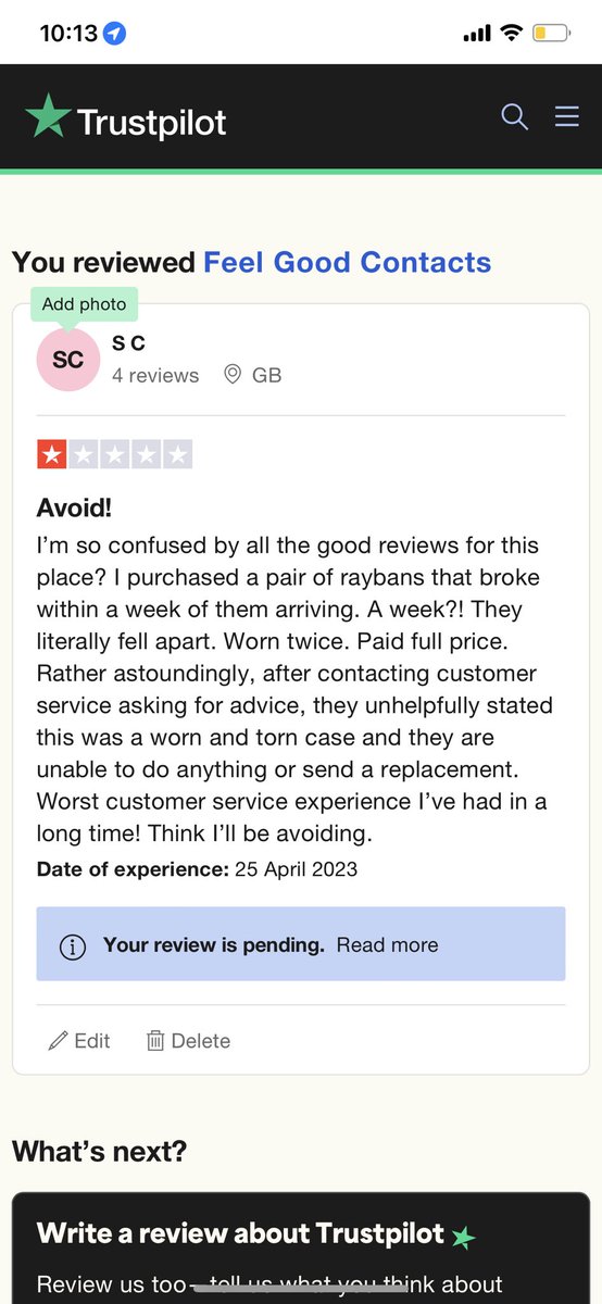 itsmesoniajs's tweet photo. I received a pair of dodgy raybans from @FeelGoodContact - within a week they fall apart. Paid nearly full price and this is the response I get in 2024 wear and tear? I’d be interested to know what is covered if it falls apart within a week- shocking customer service https://t.co/KN9dg7Wizm
