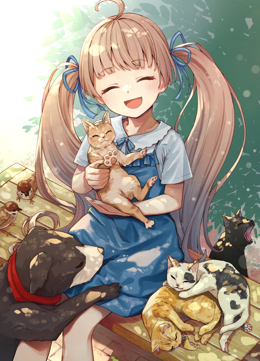 1girl cat animal twintails closed eyes smile long hair  illustration images