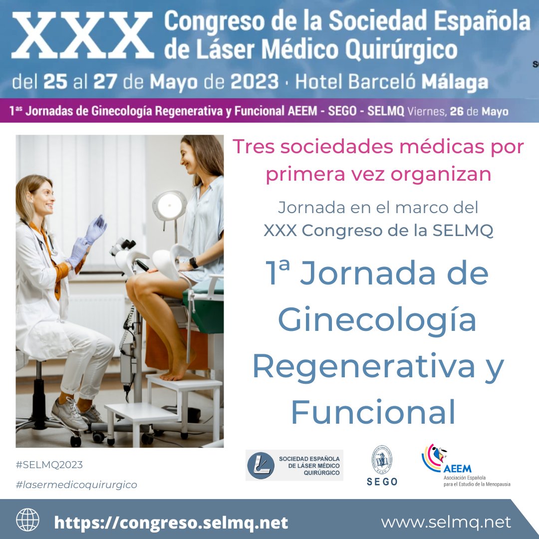 SELMQ (Sociedad Española Láser Médico Quirúrgico) (@selmqlaser) on Twitter photo 💙1a Jornada de #GinecologiaRegenerativa y Funcional en #SELMQ2023 #lasermedicoquirurgico.
Málaga, 25-27 de mayo
✅Por primera vez tres sociades médicas organizan una #jornadaformativa en este ámbito: <a href="/SelmqLaser/">SELMQ (Sociedad Española Láser Médico Quirúrgico)</a>, <a href="/SociedadSEGO/">Sociedad Española de Ginecología y Obstetricia</a> y <a href="/_AEEM/">A.E.E.M.</a>
Inscripciones: congreso.selmq.net 💙1a Jornada de #GinecologiaRegenerativa y Funcional en #SELMQ2023 #lasermedicoquirurgico.
Málaga, 25-27 de mayo
✅Por primera vez tres sociades médicas organizan una #jornadaformativa en este ámbito: <a href="/SelmqLaser/">SELMQ (Sociedad Española Láser Médico Quirúrgico)</a>, <a href="/SociedadSEGO/">Sociedad Española de Ginecología y Obstetricia</a> y <a href="/_AEEM/">A.E.E.M.</a>
Inscripciones: congreso.selmq.net