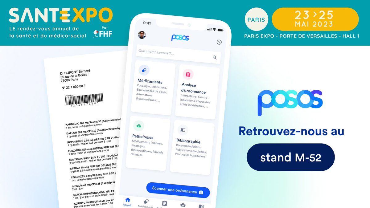 Posos est de retour au salon <a href="/parisSANTEXPO/">SantExpo</a> du 23 au 25 mai !

📍Rejoignez-nous sur le stand M-52.
🏥 Mais aussi sur l’Hôpital de demain, espace dédié à l’#innovation du <a href="/FondsFHF/">Fonds FHF</a>.

Démonstrations, tables rondes &amp; rencontres seront également au rendez-vous.

#SantExpo #santé