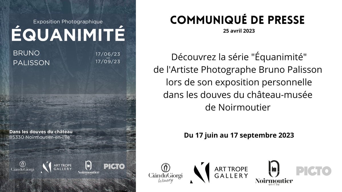 ArtTropeGallery's tweet photo. [ #PressRelease #BrunoPalisson #Exposition ]🥂
•
Découvrez la série Équanimité de @BrunoPalisson
et son exposition personnelle dans les douves du Château de Noirmoutier du 17 juin au 17 septembre 2023 
•
👉CP: https://t.co/mfZrrnCOJi
👉Galerie Virtuelle: https://t.co/TPiwqYNY8Q https://t.co/HRWgBIgrtu
