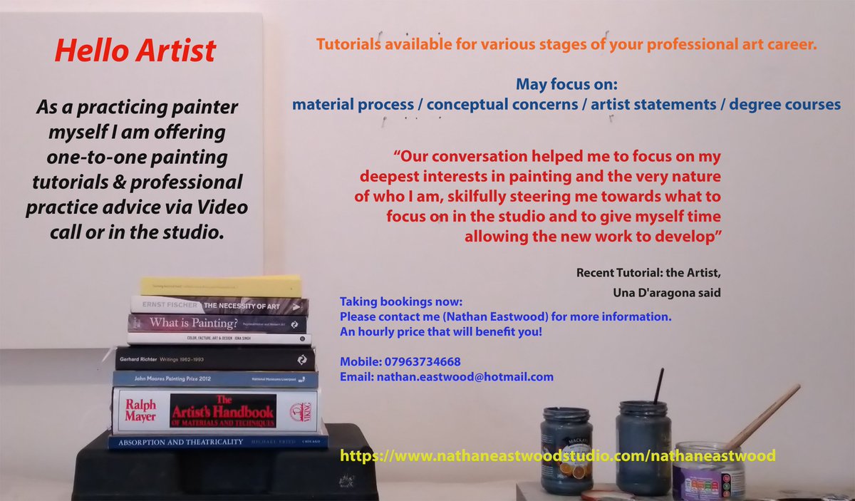 Hey
A service that I am growing.
For more information and appointments: Please contact me via:
Mobile: 07963734668
Email: nathan.eastwood@hotmail.com
nathaneastwoodstudio.com/nathaneastwood
#artist #tutorials #privatetutorials #art #artmaterials #concepts #professionalpractice
@paintbritain