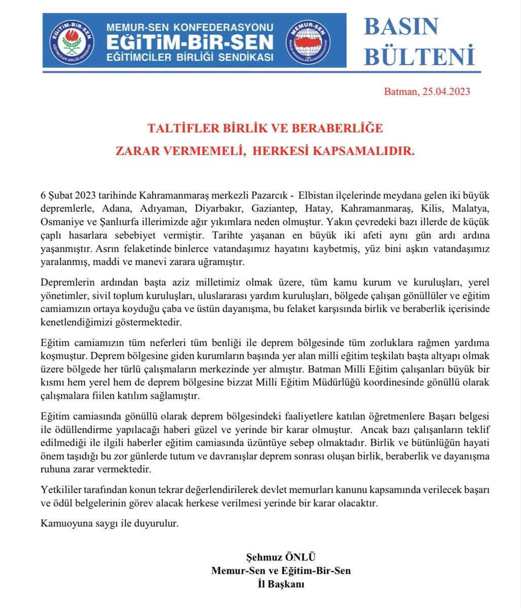 Şehmuz Önlü (@sehmuz_onlu) on Twitter photo Deprem bölgesinde gönüllü faaliyetlere katılan memurlara taltifler, birlik ve beraberliğe zarar vermeyecek şekilde görev alan herkese verilmelidir.
<a href="/suleymansoylu/">Süleyman Soylu</a>
<a href="/_aliyalcin_/">Ali YALÇIN</a>
<a href="/batmanvaliligi/">Batman Valiliği</a>
<a href="/ebsbatman/">EBS Batman</a> Deprem bölgesinde gönüllü faaliyetlere katılan memurlara taltifler, birlik ve beraberliğe zarar vermeyecek şekilde görev alan herkese verilmelidir.
<a href="/suleymansoylu/">Süleyman Soylu</a>
<a href="/_aliyalcin_/">Ali YALÇIN</a>
<a href="/batmanvaliligi/">Batman Valiliği</a>
<a href="/ebsbatman/">EBS Batman</a>
