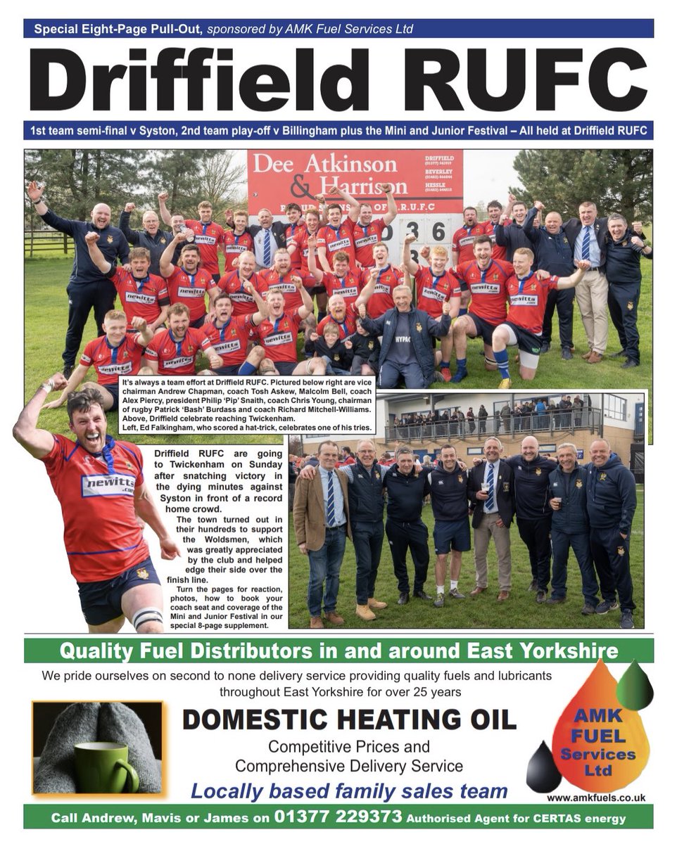 WoldsWeekly's tweet photo. 8-page pull-out in this week’s paper as Driffield RUFC going to @Twickenhamstad @bbcburnsy @Driffrugby @EnglandRugby @Driffield_TC @looknorthBBC @peter_levy @RadioHumberside thanks to @AMKfuels @thefuelman https://t.co/UracL1j2Al