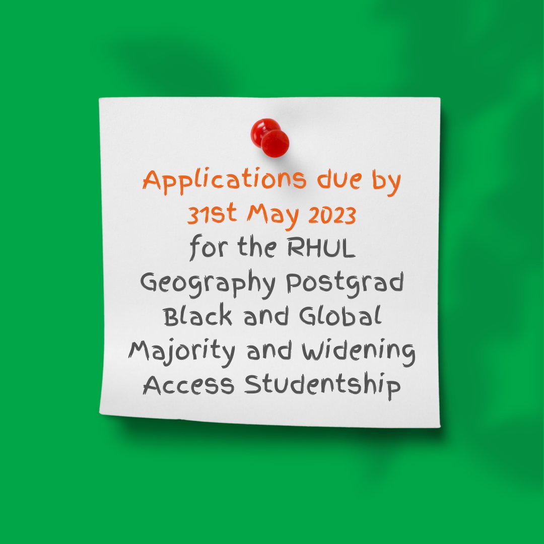 ⏰ #ApplyNow for our #Geography BGM &amp; Widening Access #Studentship @royalholloway. 
➡️ royalholloway.ac.uk/research-and-t…
#pgr #postgraduate #diversity #inclusion #Equality #blackgeographers #postgraduateresearch #BAME #BME #study #Arts #science #socialscience #humanities #wideningaccess