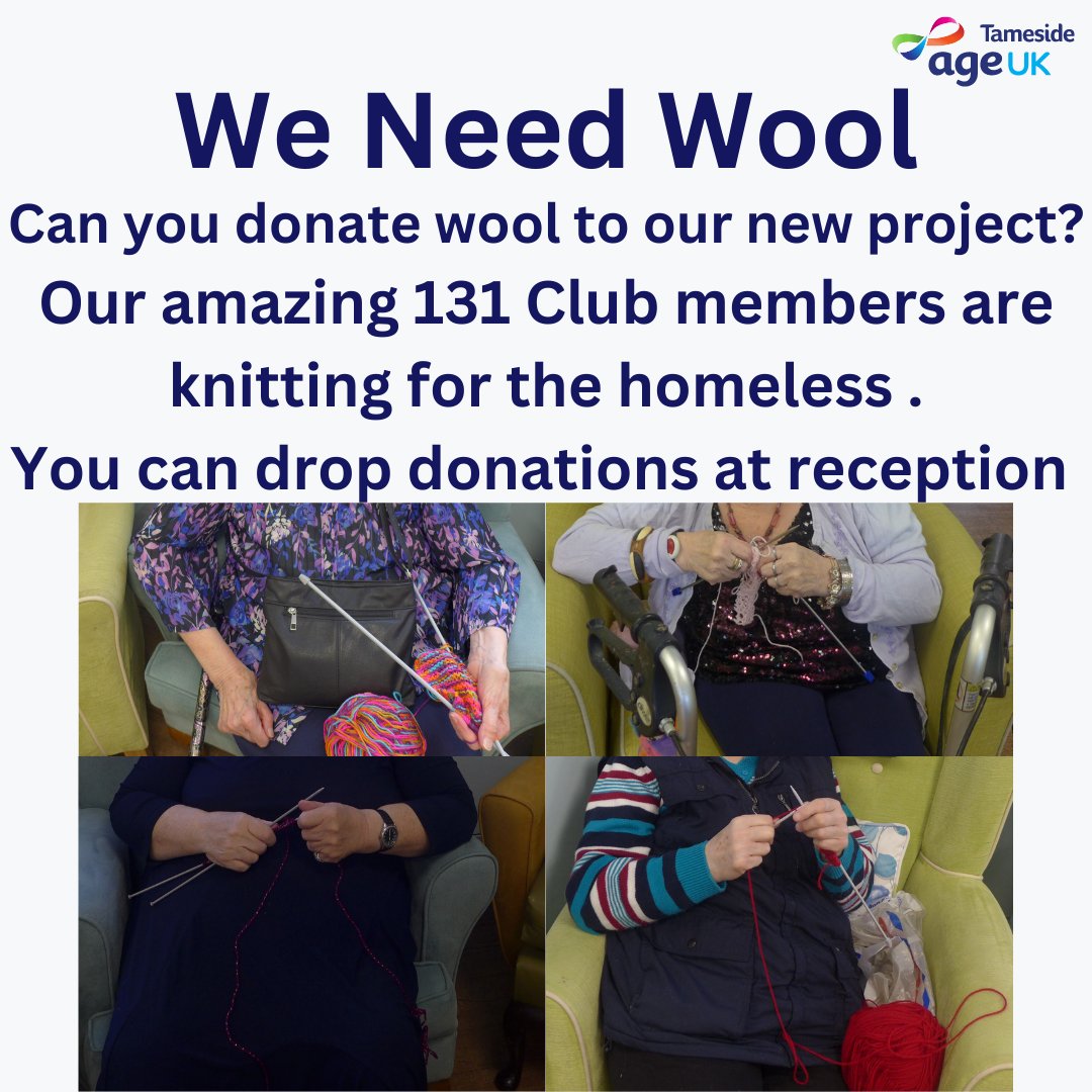 AgeUKTameside's tweet image. Can you donate wool to our 131 Club who are busy knitting for the homeless?

If so you can drop off your donations at our Centre 131 Katherine Street, AUL, OL6 7AW
#Knitting #HelpForHomeless