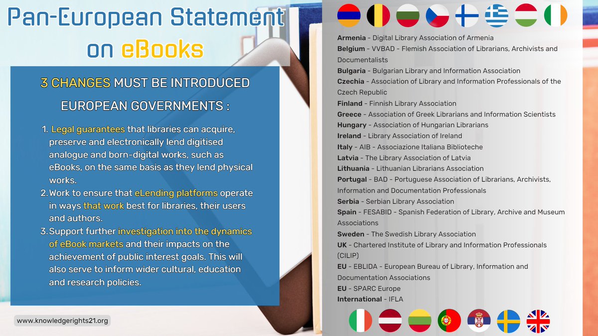 Attention policymakers 🚨 CILIP with Library associations from 16 countries signs a pan-European statement on the changes needed to correct the unfair and unbalanced situation libraries & their users face around eBooks More info & full statement👇 cilip.org.uk/news/638433/CI… @KR21org