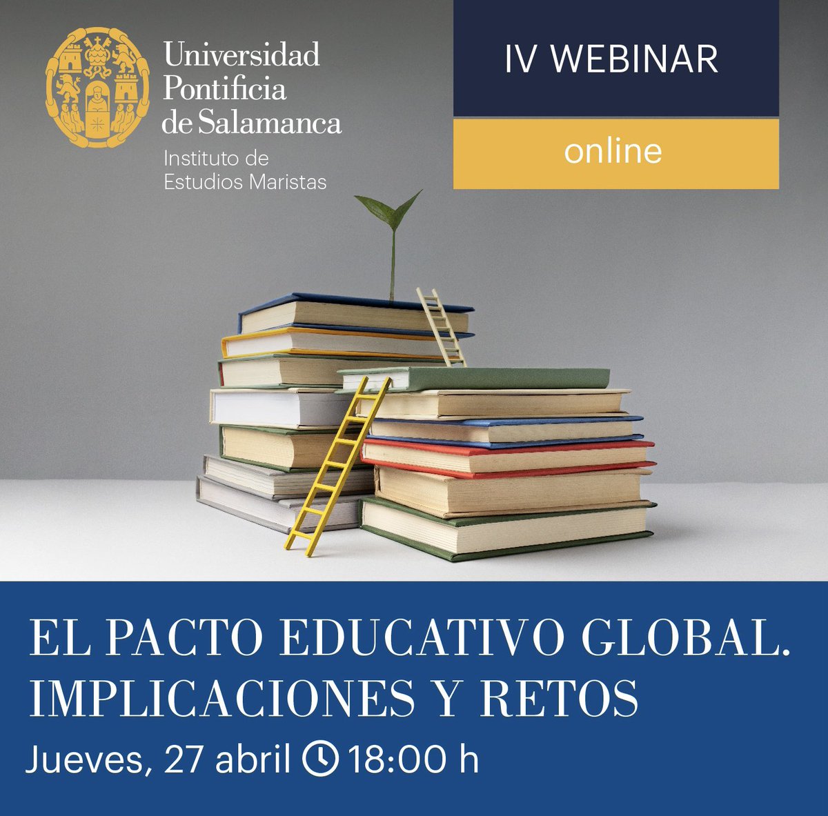 Te invitamos este jueves a 18:00 al Webinar “El Pacto Educativo Global. Implicaciones y retos” de <a href="/IEM_UPSA/">IEM</a> con #PedroHuerta de <a href="/ecatolicas/">Escuelas Católicas</a> #RaquelPérezSanjuán de <a href="/Confepiscopal/">ConferenciaEpiscopal</a> y #JuanPedroCastellano de <a href="/FundacEdelvives/">Fundación Edelvives</a> <a href="/upsa/">UPSA</a> <a href="/maristascompost/">Maristas Compostela</a> <a href="/MaristasMedit/">MaristasMediterranea</a> Acceso a iem@upsa.es