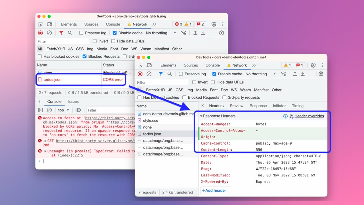midudev's tweet photo. ¿Sabes el tedioso error de CORS mientras desarrollas?

¡Pues en Chrome 113 vas a poder arreglarlo super fácil!

En las DevTools, podremos cambiar el valor de las cabeceras de respuestas de cualquier petición.

Así podrás añadir la cabecera "Acess-Control-Allow-Origin" y poner un * o lo que necesites.

Obviamente, esto no arregla el problema en producción y tendrás que adaptar el backend para que devuelva esa cabecera.

Pero muchas veces tenemos este problema mientras desarrollamos en localhost, y con esto podremos saltar esta limitación de una vez por todas.

Sin proxies ni trucos raros. Una mejora brutal en la experiencia de desarrollo.