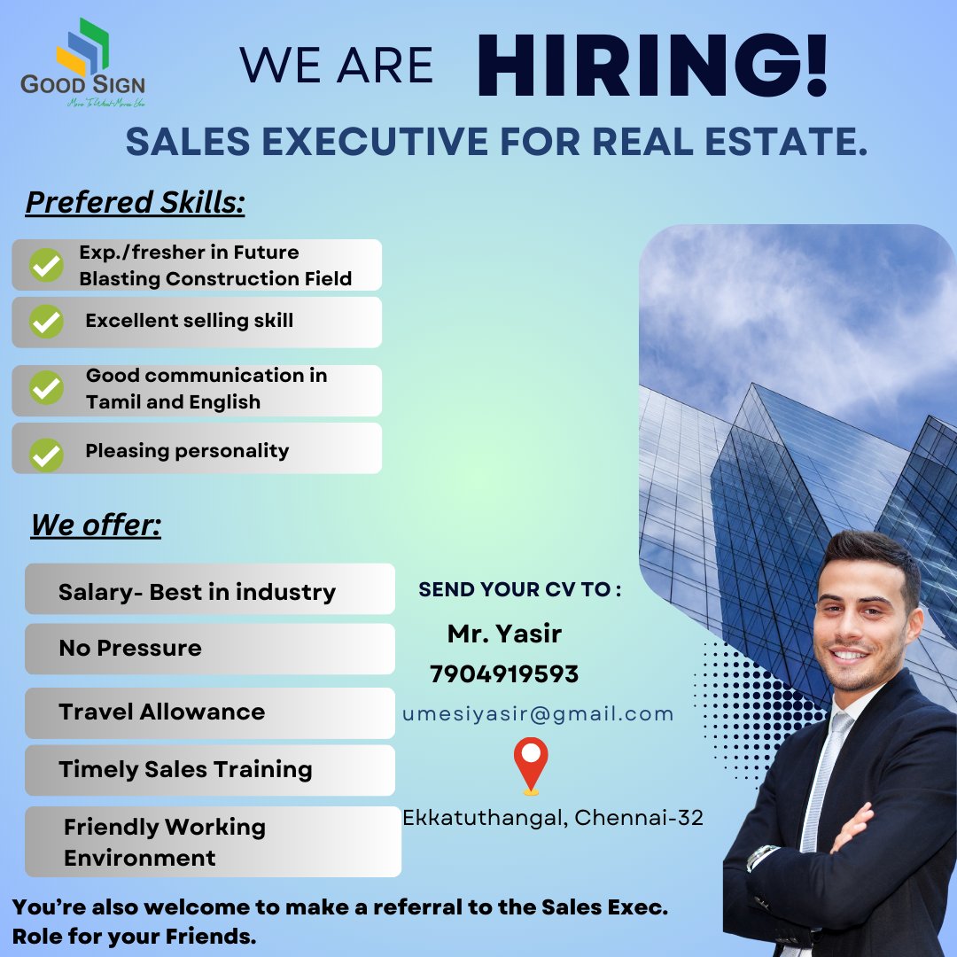 DivyaGS1112's tweet image. Good Sign is now Hiring!!
#hiringnow #goodsign #SalesJobs #salestips #Sales #RealEstate #realty #Construction #India #Chennai #TamilNadu
