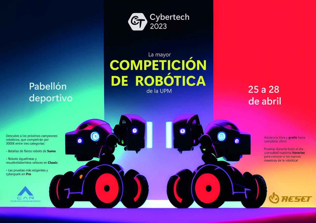 #Tecnología ¡Hoy arranca Cybertech 2023, la mayor competición de #robótica de <a href="/La_UPM/">Universidad Politécnica de Madrid</a>! 🤖 

Hasta el 2️⃣8️⃣ de abril, no te pierdas este concurso con grandes premios organizado por <a href="/Reset_ETSII/">Asociación Reset</a> en <a href="/industrialesupm/">Escuela Industriales</a>. 🏆 

 👉ow.ly/O0pi50NQ5r4