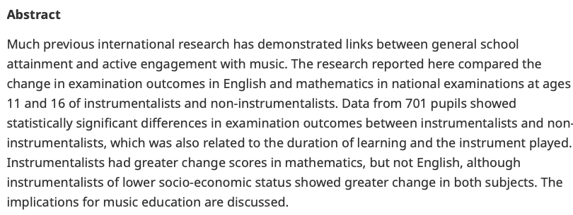 Fascinating article on links between general school attainment and active engagement with music published in <a href="/BJMEMusic/">BJME</a> to be found at: cambridge.org/core/journals/…
Should be on open access so free to view.