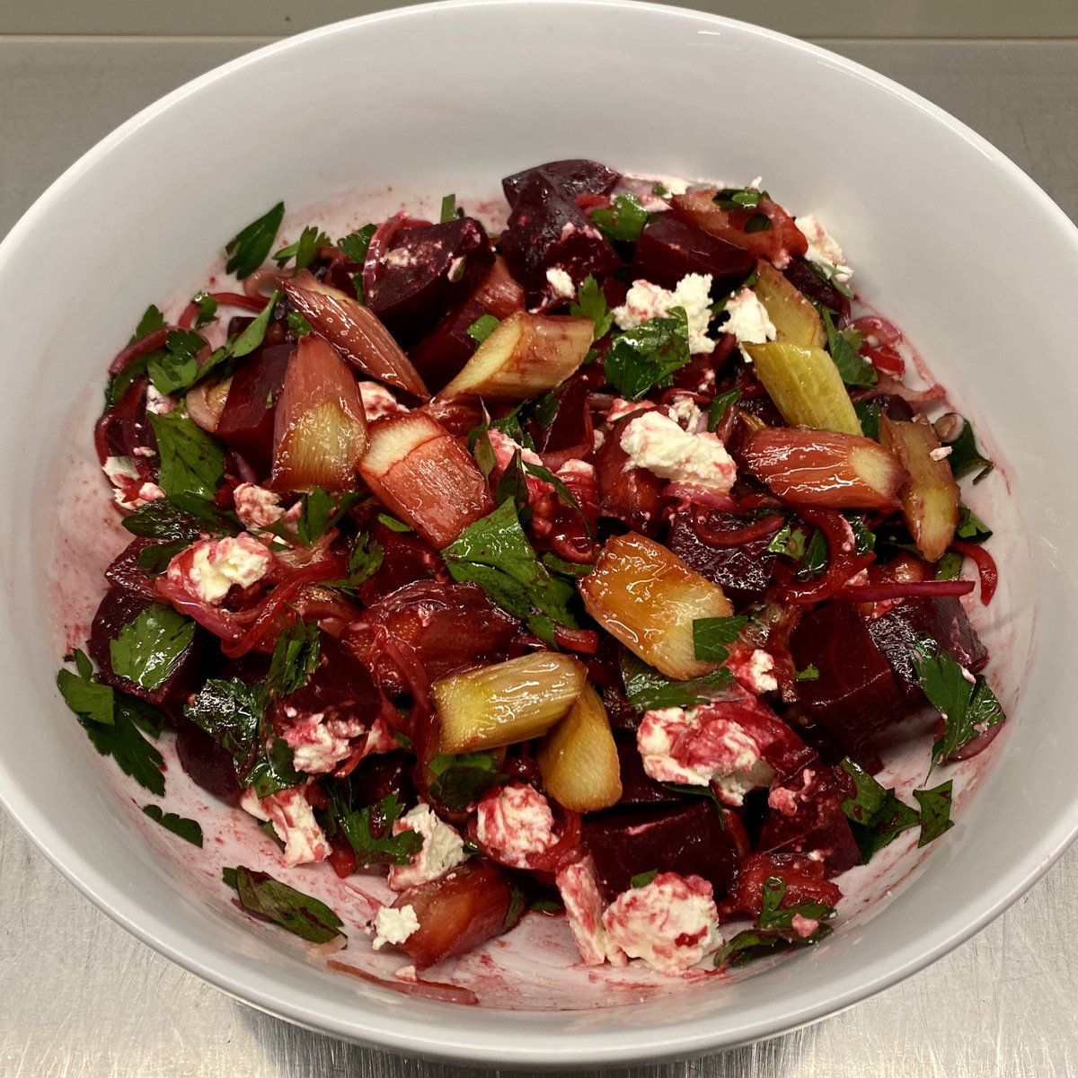 CallissClan's tweet photo. Beetroot & rhubarb salad #Ottolenghi #PlentyMore #homegrown beetroot, rhubarb & parsley #mymenuplan https://t.co/0m78OBa9nM