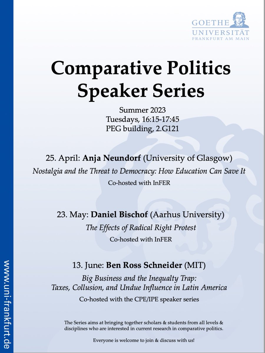 garritzmannj's tweet image. very much looking forward to hosting @AnjaNeundorf today at our #Comparative #Politics #Speaker #Series @InFER_Frankfurt @goetheuni ! Join us if you are around!