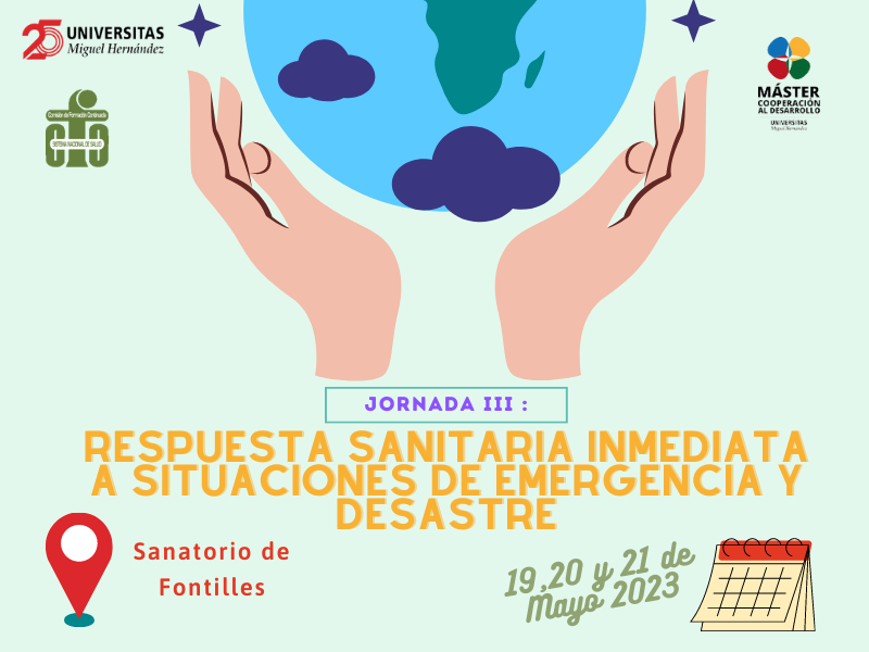 📢Últimas jornadas del ciclo de #Cooperación en #Salud ▶Respuesta Sanitaria Inmediata a Situaciones de Emergencia y Desastre.
🗓 Del 19 al 21 de mayo
📍<a href="/fontilles/">Fontilles</a>
Más información e inscripciones:
mastercooperacion.umh.es/jornada-respue…
<a href="/saludglobal_umh/">Salud Global 🌍</a> <a href="/GlobalUMH/">Global UMH</a>