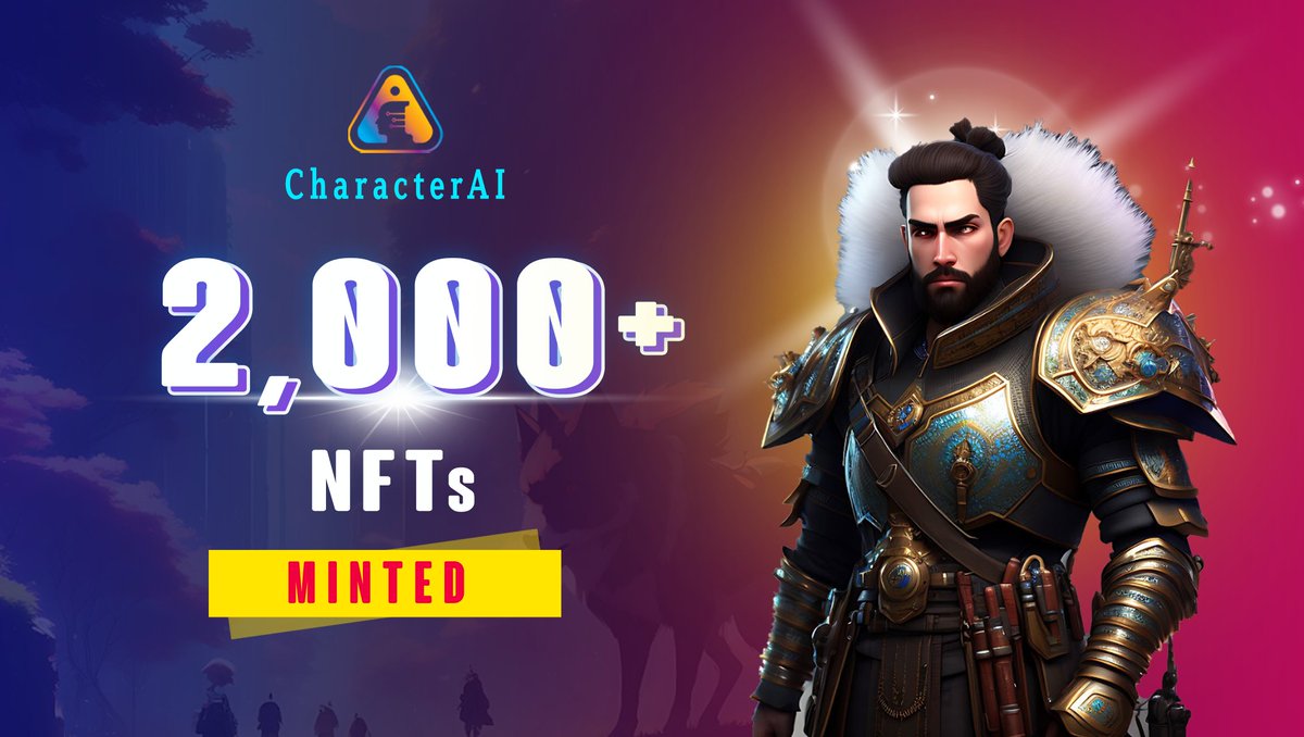 MILESTONE UPDATE

2,000+ CharacterAI NFT MINTED!

CharacterAI NFT will be the most explosive NFT Collection in 2023

Mint Now: opensea.io/collection/cha…

#characteraiapp $CHAI #AI #Arbitrum $ARB #NFT