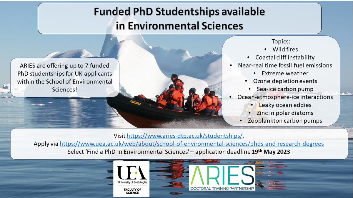 📣 Funded PhD Studentships available here! Find out more @ARIES_DTP by visiting bit.ly/3KXAWWY and apply via uea.ac.uk/web/about/scho… #UEAScience