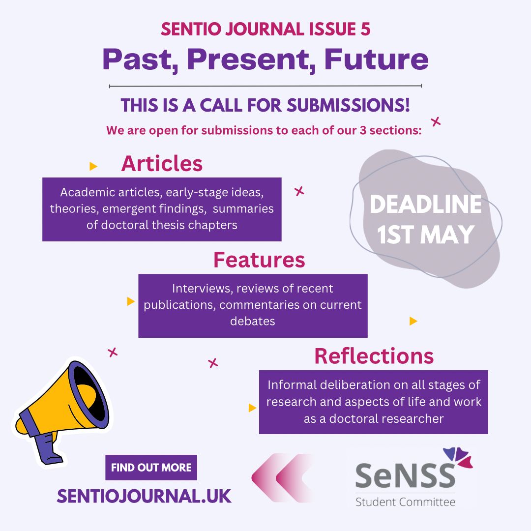 SeNSSCommittee's tweet photo. 🚨REMINDER🚨

The deadline for Sentio Journal submissions is 1st May! 

Submissions can be in the form of a traditional article, or also as a feature or reflective piece. This year’s theme is “Past, Present, Future”

See more at https://t.co/ilGjrNEbZc!

#SeNSS #DTP https://t.co/XwdOwIm9UG