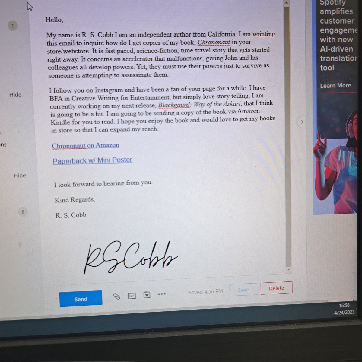mindthetypos's tweet photo. @ElenaRuiz_Poet Sent an email to @CBoundbookstore to hopefully get my book Chrononaut in their store/Webstore. Fingers crossed ๐ค.
.
.
.
#writersofinstagram #independentartist #writingcommunity #storytelling #scifiwriter #independentauthor #rscobb #sciencefiction #timetravel https://t.co/vZnoLLEQUc