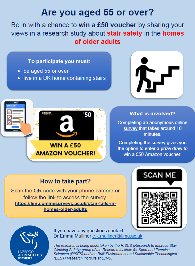 Rchlxmsn's tweet photo. Are you or do you know anyone 55 years or over?
Please share your views about #StairSafety in homes of older adults as part of our @ARThealthyaging funded project #RISCS @LJMUSportSci @ljmufet
https://t.co/bgUKbW6cqx https://t.co/TZRZt4RvII