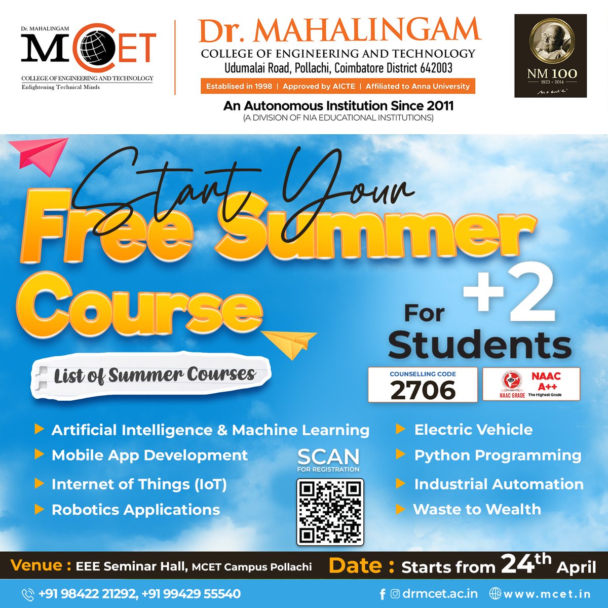 “We're excited about this event!”
MCET is now started FREE SUMMER COURSE for 12th students.
Join!!!!!
#mcet #pollachi #coimbatore #college #12thstudents #tamilnadu #engineering #technology #trending #Artificialintelligence 
#datascience #admissions