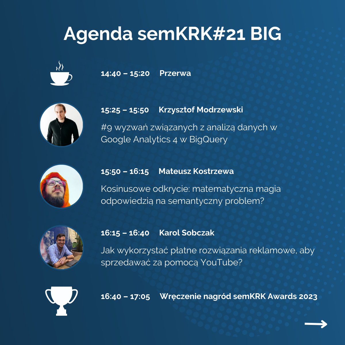 SemKrk's tweet photo. Mamy to! Ogłaszamy pełną agendę semKRK#21 BIG! 🔥

Poznaj wszystkie tematy wystąpień oraz prelegentów i prelegentki, a potem złap swój bilet! Podczas tej edycji nie nagrywamy prelekcji, więc to jedyna okazja, by zdobyć unikatową wiedzę 🚨

Kup bilet ➡ https://t.co/BSWIfqkqyG https://t.co/mR7tpIFFPK