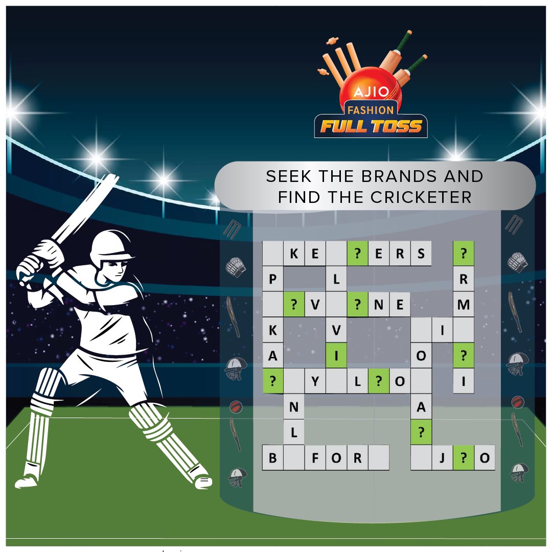 AJIOLife's tweet photo. 🏏 Time to hit it a winning shot! 🤩
The #AjioFashionFullToss challenge is serving up a tricky one that will put your brain to the test. Guess the cricketer &amp; score a 💰₹5000 AJIO gift voucher!
So, put your game face on &amp; get ready to win big! 🏆🤞

#AJIOMindBenders https://t.co/ElMT8qkCDE