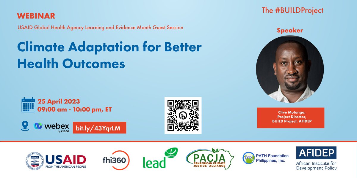 Afidep's tweet photo. Join @MutungaClive at the @USAIDGH Agency Learning and Evidence Month Guest Session webinar on Climate Adaptation for Better Health Outcomes.
🗓️ Tuesday, April 25, 2023
🕤 9:00 AM - 10:00 AM ET
Registration link: https://t.co/bS6TsYcvwu
#PEDAction https://t.co/MujFS4zoQx