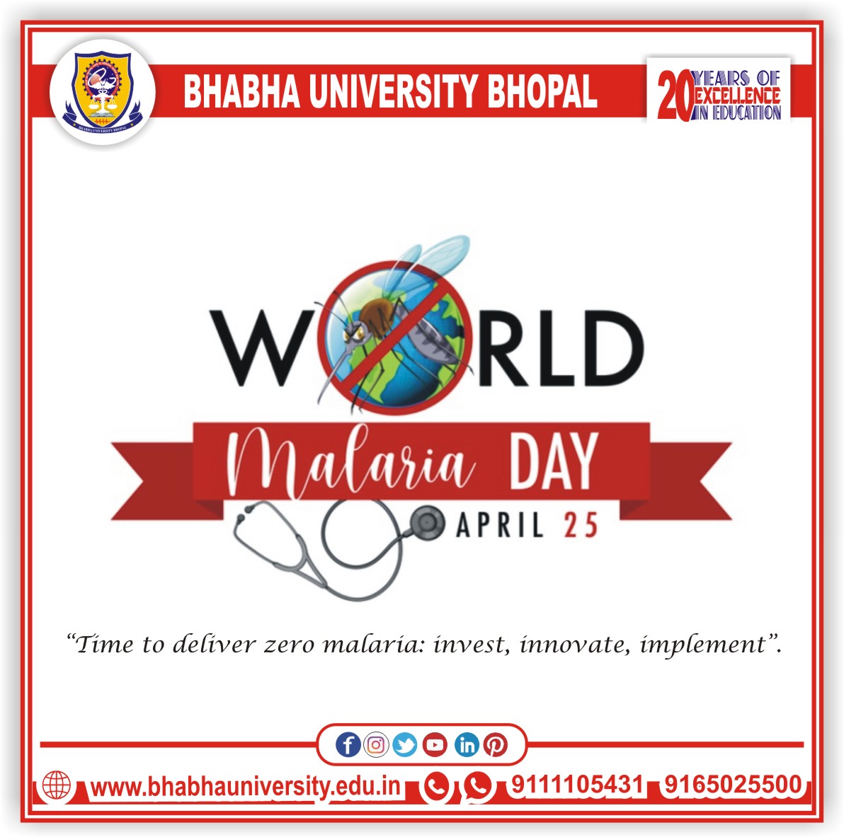 BhabhaUniversty's tweet photo. We can defeat malaria by practicing good hygiene and keeping our surroundings clean.
#WorldMalariaDay !
https://t.co/0oBknuoXly
#MalariaDay #WMD2023 #mosquito #symtoms #Fever #headache #MalariaFever #AnophelesMosquito #Bhabhauniversity #Doctor #BDS #Nursing #AdmissionsOpen #clean https://t.co/mN8mlj1xHs