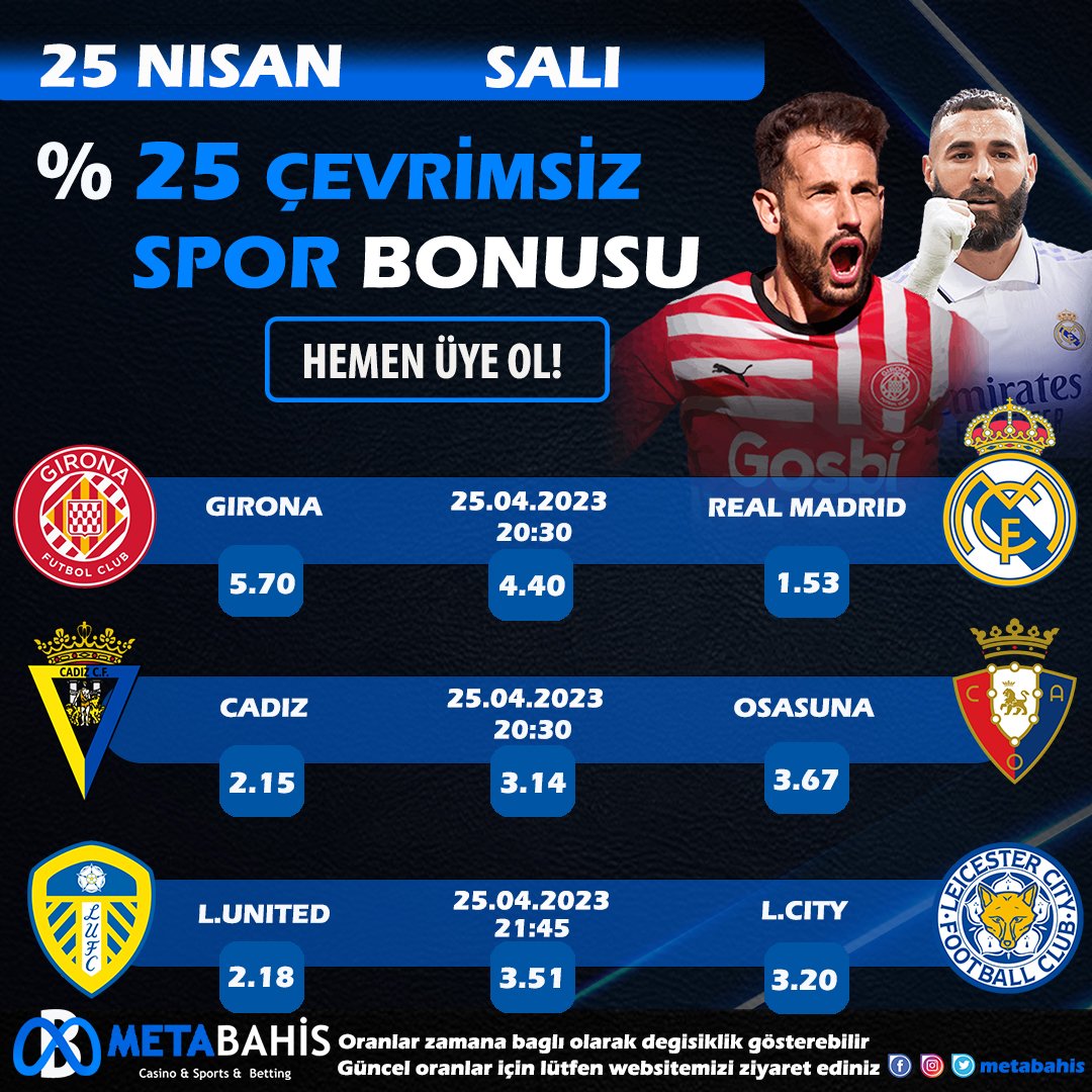 #METABAHİS İLE EN YÜKSEK ORANLARLA GÜNÜN MAÇLARI!

🏆 METABAHİS İLE OYNADIKÇA YÜKSEK KAZAN!

⚽️ GÜNÜN EN ÇOK TERCİH EDİLEN KUPONLARI!

🎁 %25 SPOR BONUSU!

💰 %30 SPOR KAYIP BONUSU!

🔗bit.ly/3Z88E18