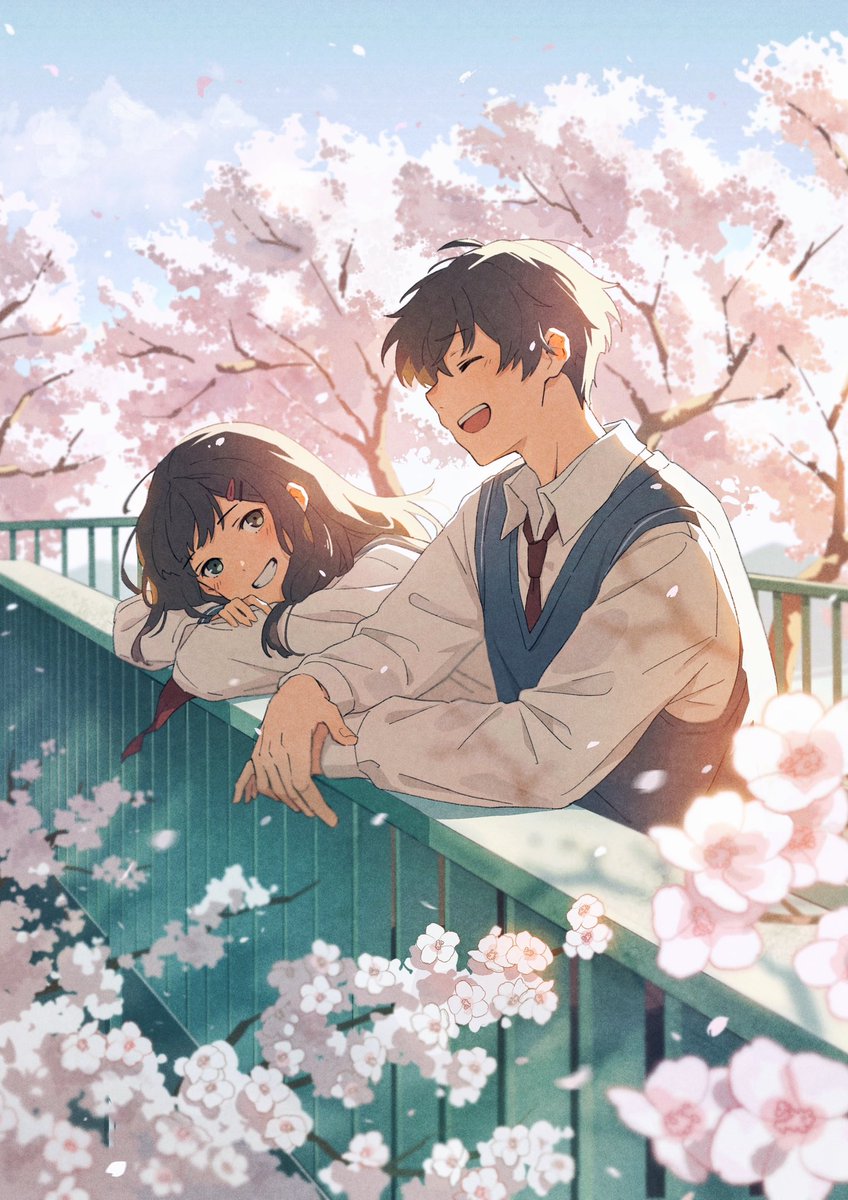 1girl 1boy cherry blossoms smile railing necktie outdoors  illustration images