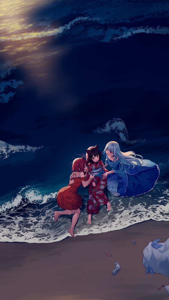 ange katrina ,lize helesta multiple girls 3girls dress barefoot beach long hair red hair  illustration images
