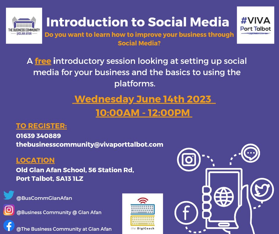 FREE Introduction to Social Media for Business Course in partnership with the DigiCoach 

📅 14th June (Wed)
⏲️ 10am - 12noon
Location: 56a&amp;b Station Rd, Old Glan Afan School, Port Talbot.
Cost: FREE
To book: thebusinesscommunity@vivaporttalbot.com or 01639 340889
