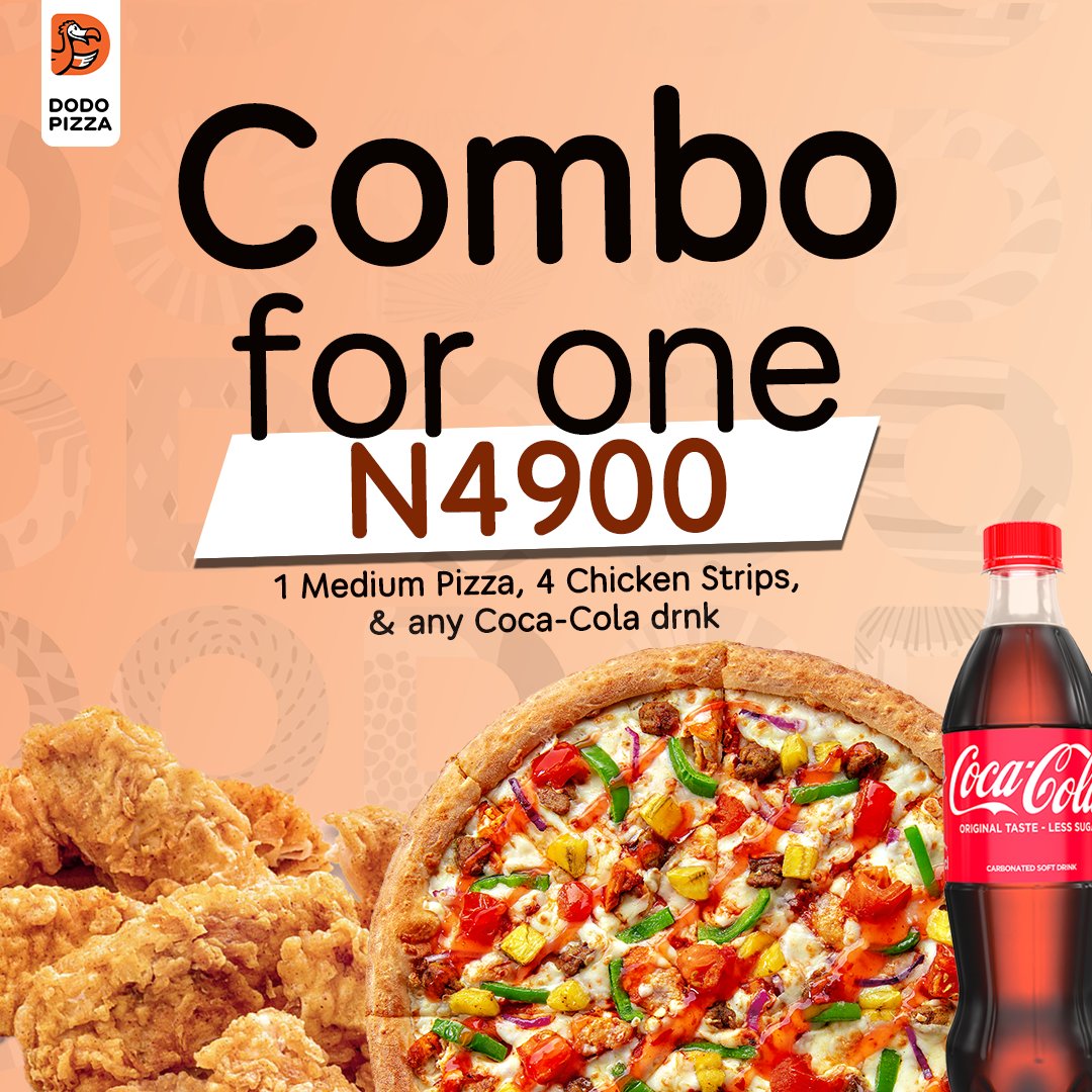 Our Combo for 1 is the main deal for you today!🍕 Yes, you😘 Enjoy 1 Medium pizza, 4 pieces of Chicken strips, and a Coca - Cola drink, all by yourself👌🤩 Visit 🌍- dodopizza.ng to place your order now!! #DodoPizzaNG #Pizza #GreatPeople #GreatPizza #Cheesy #Yummy