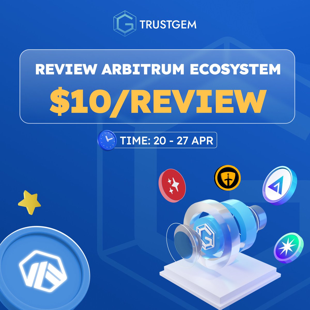 TrustGem Weekly Challenge 01 - ONLY 3⃣ DAY TO JOIN 

🎁50 BUSD for 5 best reviews

Write a review about any token in the Arbitrum ecosystem trustgem.io/projects-by-ch…
Claim OAT: galxe.com/TrustGem/campa…

⚠️ Attention: Reviews are at least 100 characters long and unique!

#Giveaway