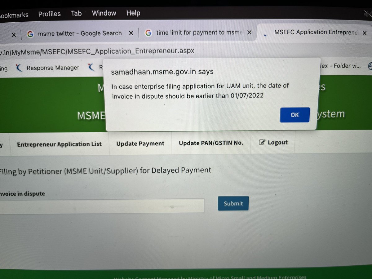 DiscussMk's tweet photo. @minmsme @dcmsmeoffice clause43(h) sec43(b) stipulates time limit of 45 days to any/all msme units but disputes on msme samadhan portal cannot be filed before 1 year delay dispute period screenshot append what the alibi of this stipulation process?? @narendramodi https://t.co/nXzT9DdwK5