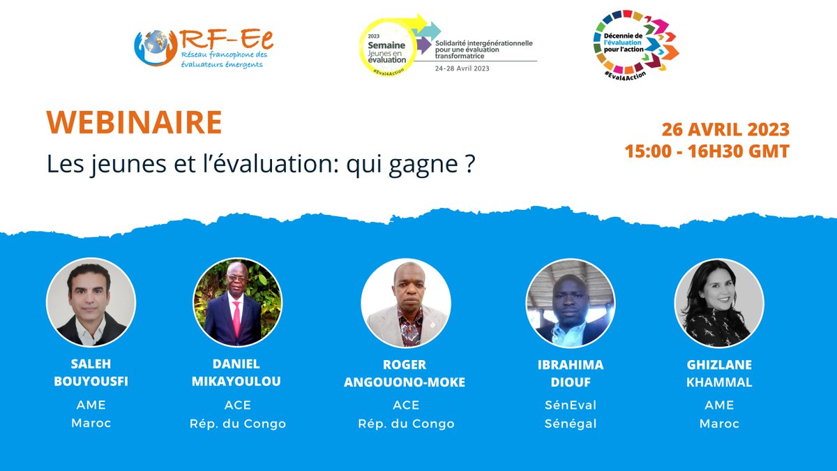 Le webinaire RF-Ee "Les jeunes et l’évaluation: qui gagne ?", organisé dans le cadre de la Semaine des jeunes en évaluation, c'est ce 🗓️mercredi 26 avril, à partir de 15h00 GMT. Garder le 🔗lien de connexion sous la main : ow.ly/N91B50NR7nJ
#Eval4Action