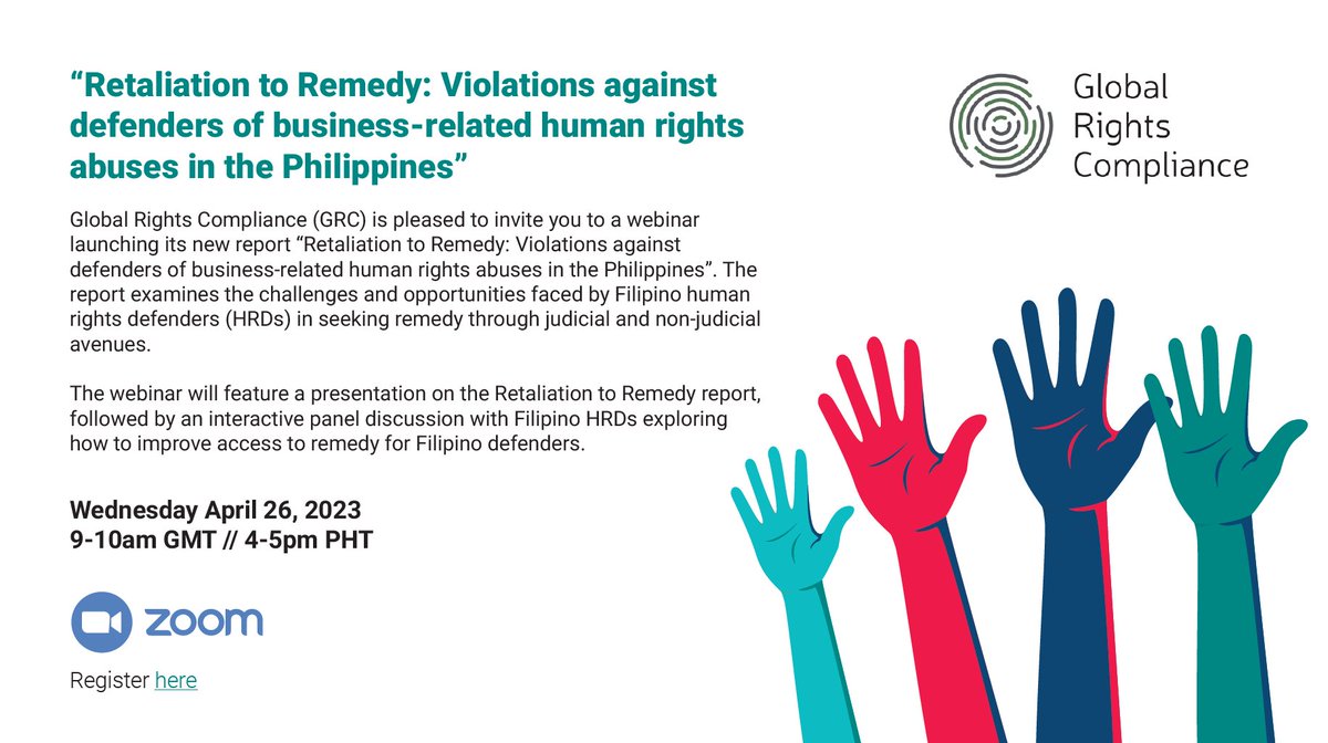 REMINDER: In two days, Global Rights Compliance discuss the findings from our latest report, "Retaliation to Remedy: Violations against defenders of business-related human rights abuses in the Philippines".

Register to join the discussion: lnkd.in/gntjPpMB