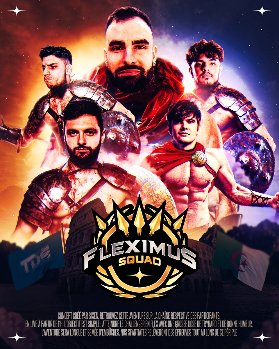 C'est avec honneur que je vous présente une affiche disponible dès demain, sur vos chaines Twitch favorites.

Qu'un seul objectif, le challenger en flex 👊

🛡️ Top : <a href="/FosPeyjeym/">PeyJeyM</a> 
🌴 Jungle : @SixenTv 
🧙 Mid : <a href="/Rhobalasv2/">Rhobalas 🐙</a> 
🏹 Adc : <a href="/My_Sididi/">GL Sididi</a> 
🧚‍♀️ Support <a href="/Xersus7/">XERSUS777</a>

FLEXIMUS 🏆