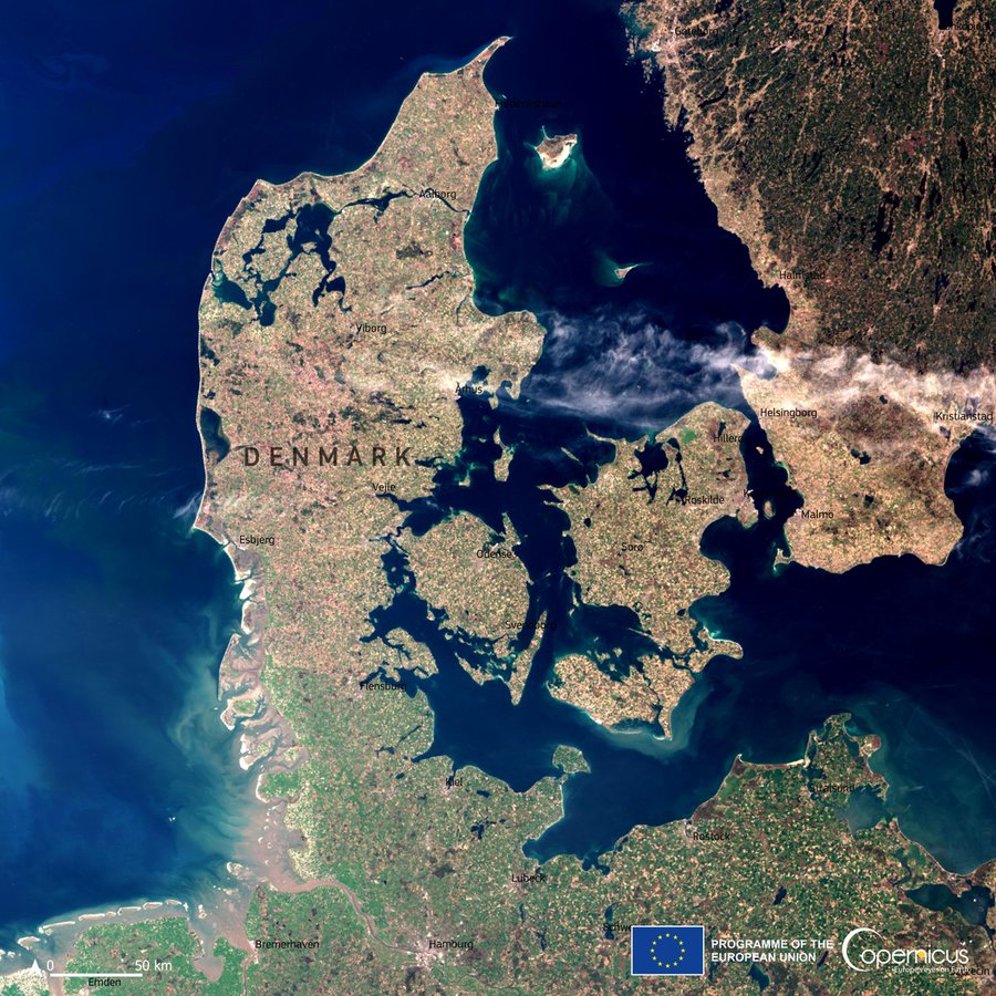 Satellite image of Denmark and surrounding areas.