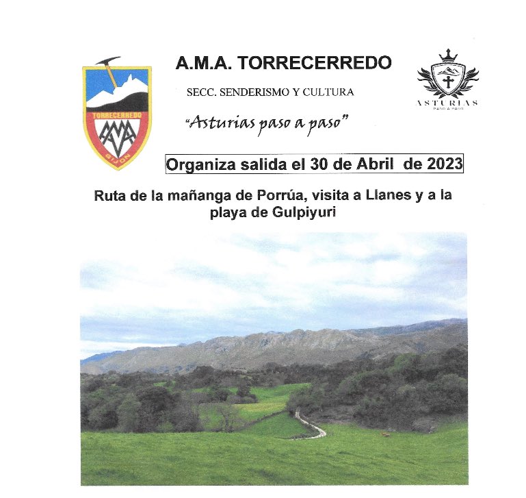 Próxima salida de nuestra sección 𝐀𝐬𝐭𝐮𝐫𝐢𝐚𝐬 𝐏𝐚𝐬𝐨 𝐚 𝐏𝐚𝐬𝐨 ( Sección Senior del club ).

📍ʀᴜᴛᴀ ᴅᴇ ʟᴀ ᴍᴀÑᴀɴɢᴀ ᴅᴇ ᴘᴏʀʀÚᴀ ᴄᴏɴ ᴠɪꜱɪᴛᴀ ᴀ ʟʟᴀɴᴇꜱ ʏ ʟᴀ ᴘʟᴀʏᴀ ᴅᴇ ɢᴜʟᴘɪʏᴜʀɪ.

🔸Dificultad : Baja 
🔸Ruta : Circular
🔸Distancia aprox. 7 km