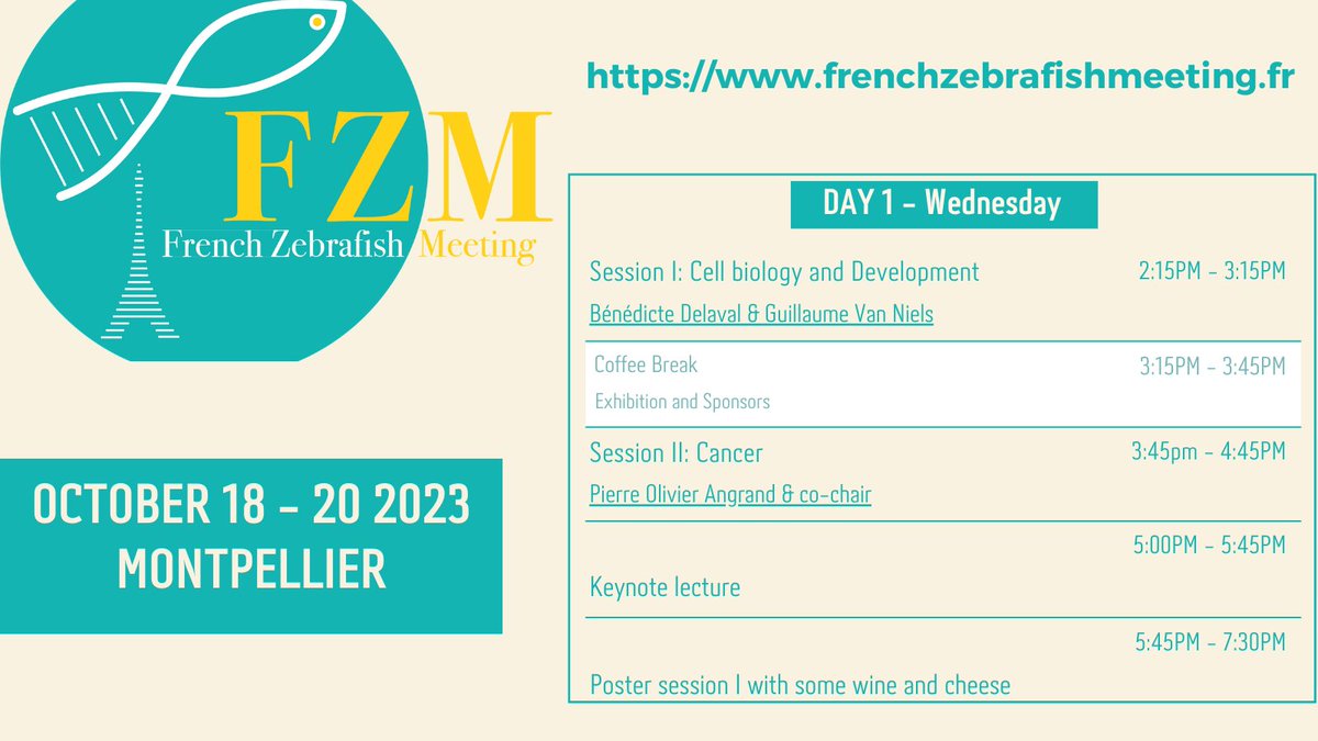 1st French Zebrafish Meeting Montpellier 
👉 The programme is now online.
👉 The Call for abstracts is open. Deadline June 15th
👉 Complete your final registration. Number of places will be limited
👉 Keynote speakers to be announced soon.

urlz.fr/lzMU
#zebrafish
