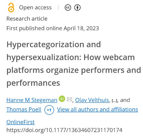 DrHanneMS's tweet photo. ✨new article✨ on the specifics of the top-down categories webcam platforms use to group performers.
published last week with Olav Velthuis, @emilijajok and @tpoell in @Sexualities1 https://t.co/PO5T0YUcYx