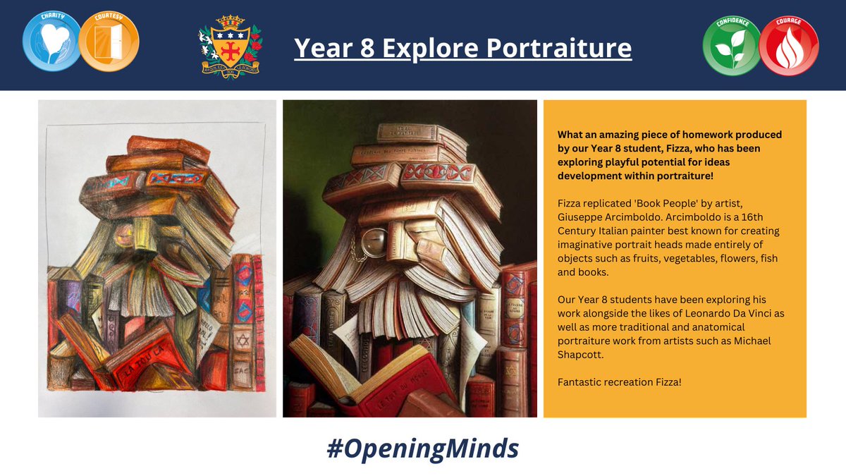 NDEvertonValley's tweet photo. 🌟#OpeningMinds to portraiture.🌟

An excellent piece of work from Y8 student, Fizza, who has recreated 'Book People' by artist Giuseppe Arcimboldo. Well done! #Art #Portraiture #Year8 #ArtCurriculum https://t.co/sJ8nDP7tJ2