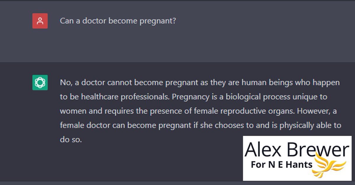 alexbrewer's tweet photo. Having seen some ChatGPT responses about female doctors, I thought I'd try my own. This is concerning. Apparently a doctor cannot become pregnant but a female doctor can. Default male is hugely problematic. 
@CCriadoPerez https://t.co/I0Lfd3Ha1M