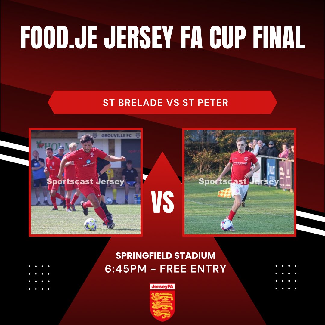 𝗙𝗢𝗢𝗗.𝗝𝗘 𝗝𝗘𝗥𝗦𝗘𝗬 𝗙𝗔 𝗖𝗨𝗣 𝗙𝗜𝗡𝗔𝗟! 🏆 It’s set to be a great night at Springfield Stadium as @StBreladesFC take on @stpeterfc in the food.je @JerseyFA Cup Final! ⚽️ Kick off is 6:45pm and entry is free! 😁 Good luck to all! 🤝 #FootballForAll