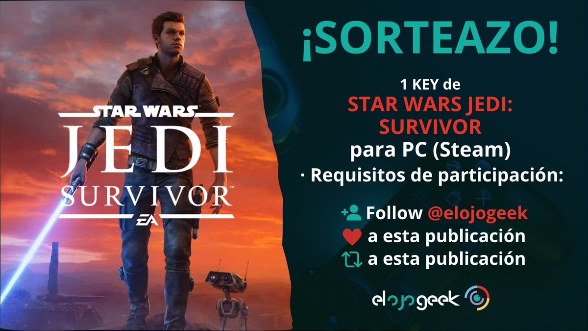 🔴 SORTEAZO SW: JEDI SURVIVOR🔴

Celebramos el lanzamiento de #StarWarsJediSurvivor sorteando una key para PC (Steam)

⚠️Requisitos de participación:

- Seguir a <a href="/ElOjoGeek/">El Ojo Geek 👁️</a> 
- ❤️ y 🔃 a este tuit

Diremos el ganador el próximo 28/04

💫¡Que la fuerza os acompañe! 💫