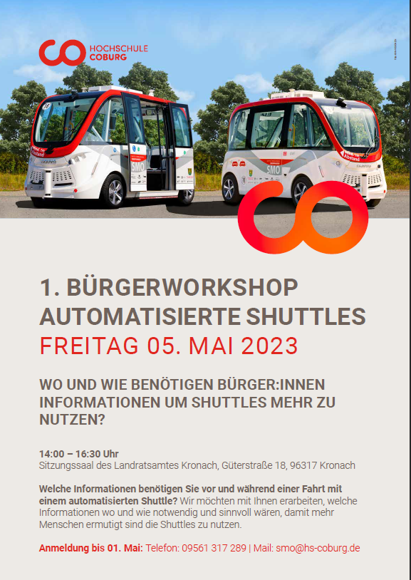 Wir möchten alle Interessierten zum ersten Bürger:innenworkshop in Kronach einladen. Dieser findet am 05.05.23 von 14:00-16:30 im Sitzungssaal des Landratsamtes Kronach statt. Das Thema ist „Wo und wie benötigen Bürger:innen Informationen um Shuttles mehr zu nutzen?“