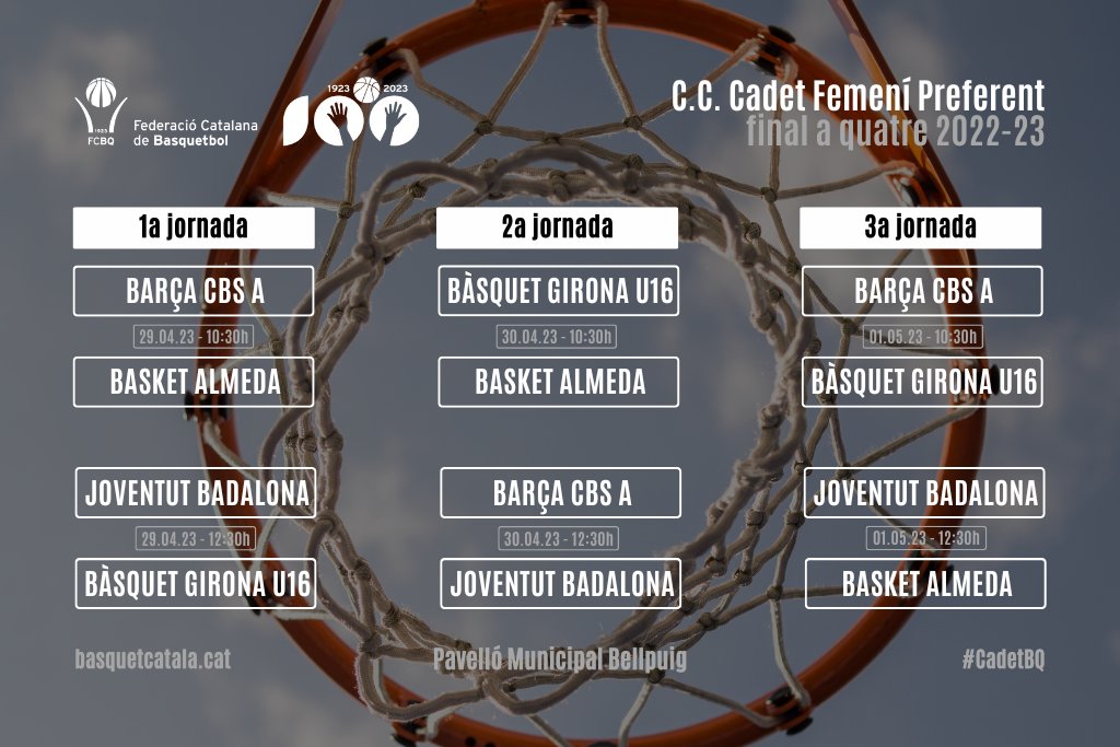 #CadetBQ🏀 / La <a href="/Penya1930/">Club Joventut Badalona</a>, el @FCBbasket_fem, el <a href="/BGironaBase/">Fundació Bàsquet Girona</a> i el <a href="/BasketAlmeda/">Club Basket Almeda</a> seran els equips participants de la Final a Quatre Cadet Femení Preferent que es celebrarà, aquests propers 29, 30 d'abril i 1 de maig al Pavelló Municipal de #Bellpuig.

➡️ basquetcatala.cat/noticies/10034