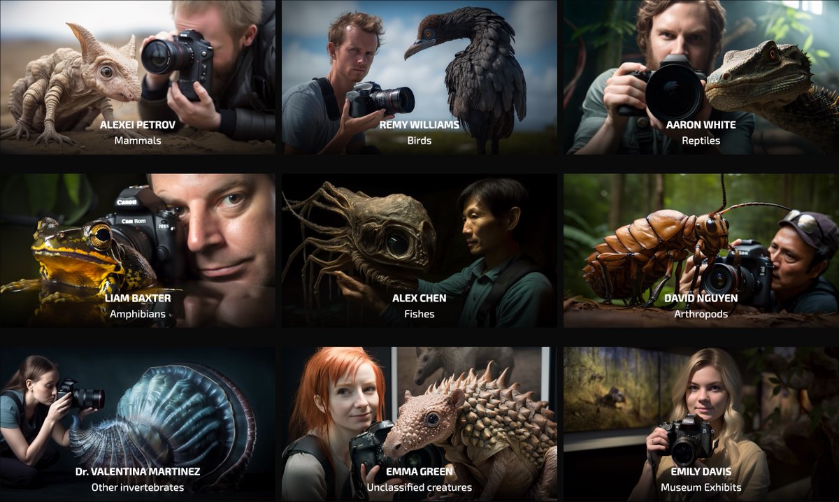 XenoMuseum's tweet photo. Here are our talented photographers! You can see their amazing photos of alien species in our dedicated galleries: https://t.co/7VjGBKSOZk

Psssst...! These people don't exist, their photos have been generated with #MidJourney! 
#AIgenerated #GenerativeAI #AIphotography #AI #IA https://t.co/vog8rlCtTx